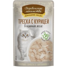 Деревенские лакомства влажный корм для кошек Треска с курицей в нежном желе пауч