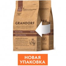 GRANDORF Сухой беззерновой корм Утка с индейкой для взрослых собак средних и крупных  пород