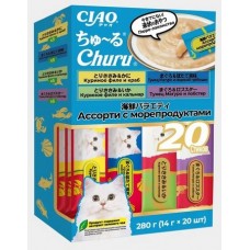 INABA CIAO Churu Лакомство-пюре для кошек Ассорти с морепродуктами