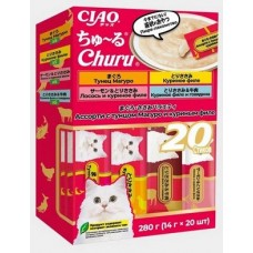 INABA CIAO Churu Лакомство-пюре для кошек Асссорти с тунцом Магуро и куриным филе 14г * 20шт