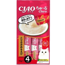INABA CIAO Churu Лакомство-пюре для кошек Куриное филе и креветка 14г * 4шт