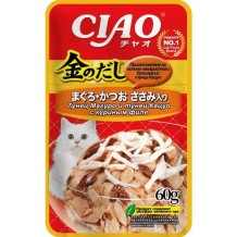INABA CIAO Kinnodashi Влажный корм для кошек Тунец Магуро и тунец Кацуо с куриным филе, пауч 60г