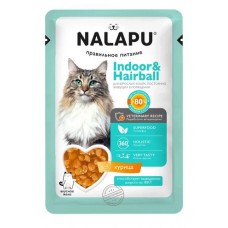 NALAPU Indoor&Hairball Влажный корм для взрослых кошек постоянно живущих в помещении, сочные кусочки с курицей в желе 77г